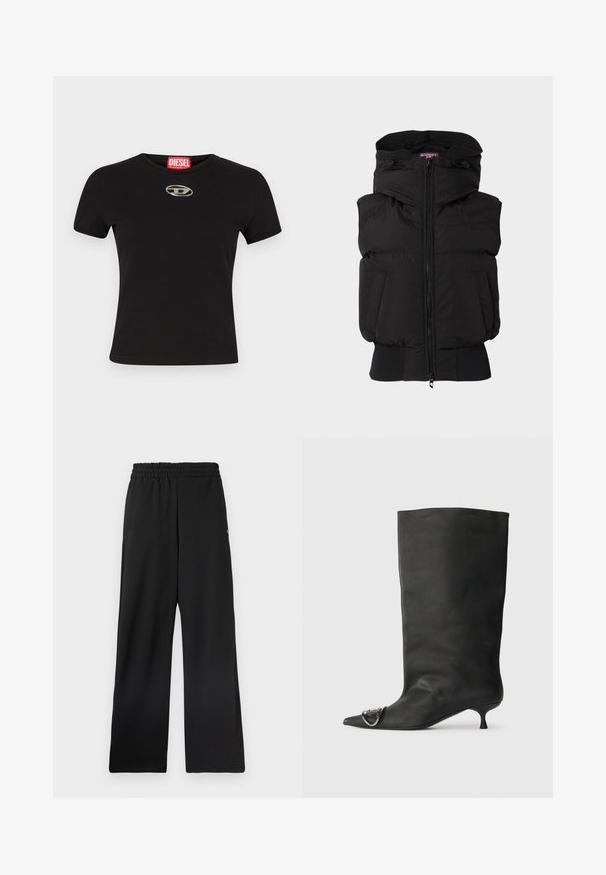 Musta pörröinen liivi korkealla kauluksella, etuvetoketjulla ja joustavilla hihansuilla. Siinä on kaksi sivutaskua ja minimibrändäys rintapielessä.; Musta lyhythihainen t-paita, joka on valmistettu puuvillasta. T-paidassa on pyöreä kaula-aukko ja etuosassa on metallinen soikea logovaihe.; Mustat leveälahkeiset housut, joissa on joustava vyötärönauha ja sileä materiaali. Housuissa ei ole taskuja tai erottuvia kuvioita.; Musta nahkainen nilkkabootsi, jossa on terävä kärki, pieni korko ja metallinen korostus kärjessä. Pehmeä, mattapintainen rakenne kauttaaltaan.