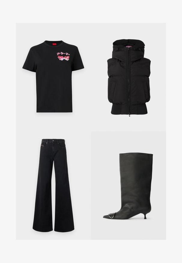 Must must vest kõrge kaelusega, ees lukuga ja elastsete mansettidega. Kaks küljetaskut ja minimaalne brändimine rinnal.; Musthave musta T-särk lühikeste varrukatega, millel on vasakul rinnal roosa prillide graafika ja tekst "Not Your Girl".; Mustad laia säärega teksapüksid denimist, kõrge vöökohaga, nööpidega sulgemine, esitaskud ja minimalistlikud õmblused.; Must musta põlve kõrgune saapakäik terava nina, väike konts ja metallist aktsentdetail nina peal. Ühtlane, matt tekstuur kogu ulatuses.