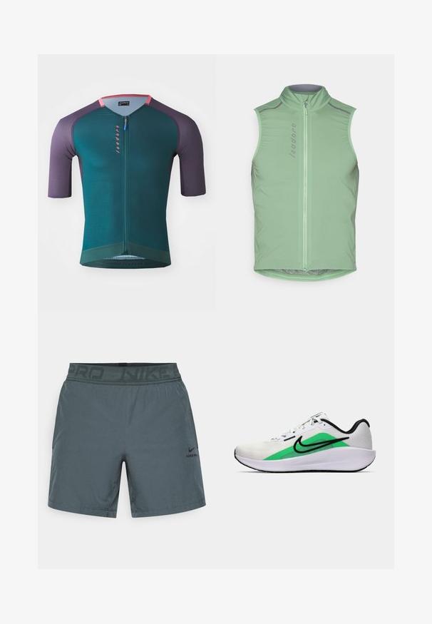 Hihaton pyöräilyliivi vaaleanvihreänä, korkean kauluksen ja edessä olevan vetoketjun kanssa. Varustettu heijastavilla yksityiskohdilla ja istuvalla muotoilulla. Sujuva, kevyt kangas.; Pyöräilypaita lyhyillä hihoilla, teal-värissä purppurakappaleilla, jossa on neljännesvetoketju, teksturoitu kangas ja pinkki logo edessä.; Harmaat urheilushortsit, jotka on valmistettu kevyestä kankaasta. Niissä on joustava vyötärö, jossa on painettu "NIKE PRO" ja pieni logo sivulla.; Valkoinen urheilukenkä, jossa on vihreä yksityiskohta, musta logo, verkkomateriaali päälliosassa, pehmustettu pohja ja pyöreä korko. Sisältää nauhat ja kontrastiväriä.