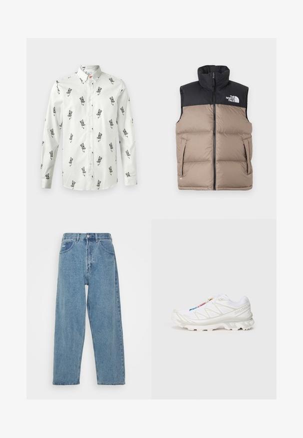 Czarna i beżowa kamizelka puchowa z wysokim kołnierzem, zapięciem na zamek błyskawiczny i bocznymi kieszeniami. Posiada logo The North Face na górnej lewej stronie.; Biała koszula z długim rękawem, z czarnym florystycznym wzorem i kołnierzykiem na guziki. Gładki materiał o luźnym kroju. Zawiera subtelny guzik w pomarańczowym odcieniu.; Jasnoniebieskie dżinsy z wysokim stanem, luźnym krojem, z dwoma przednimi kieszeniami, tylną kieszenią naszywaną oraz zapięciem na guzik.; Białe buty sportowe z teksturowaną siateczką, odblaskowymi akcentami i wyprofilowaną podeszwą. Zauważalne logo marki z boku.