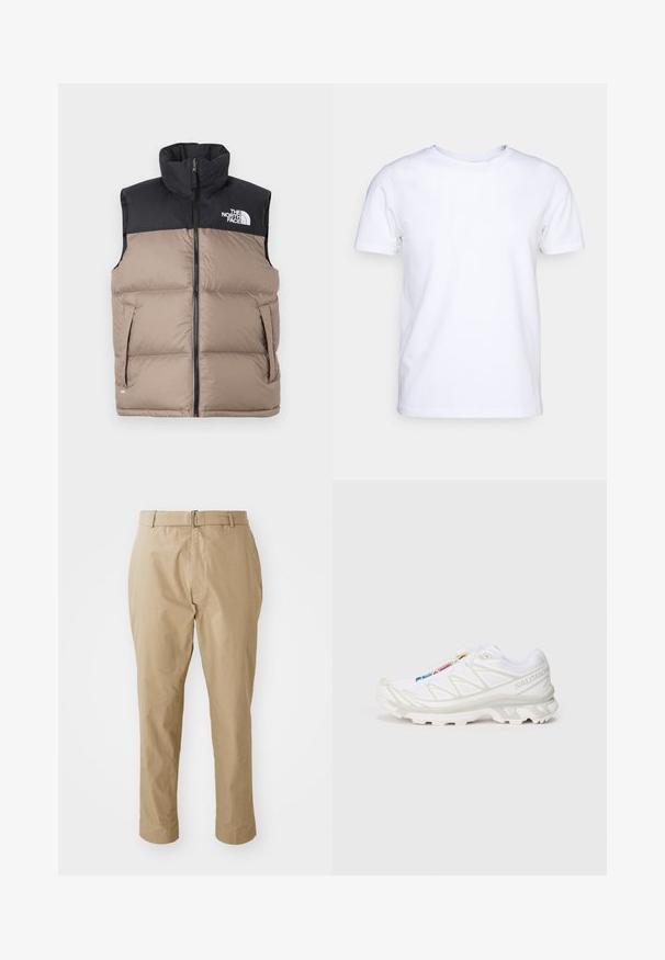 Fekete és bézs pufi mellény magas nyakkal, cipzárral és oldalsó zsebekkel. A bal felső részen a The North Face logóval rendelkezik.; Fehér, rövid ujjú felső pamut anyagból, kerek nyakkivágással. Egyszerű dizájn, minta vagy díszítés nélkül. Sima textúra.; Beige chino nadrág sima pamut keverékből, karcsú szabású, sima elülső résszel, övhurkokkal és minimalista stílusú, egyszerű ezüst csattal.; Fehér sportcipő texturált hálós felsőrésszel, fényvisszaverő részletekkel és párnázott talppal. Figyelemre méltó márkalogó az oldalon.