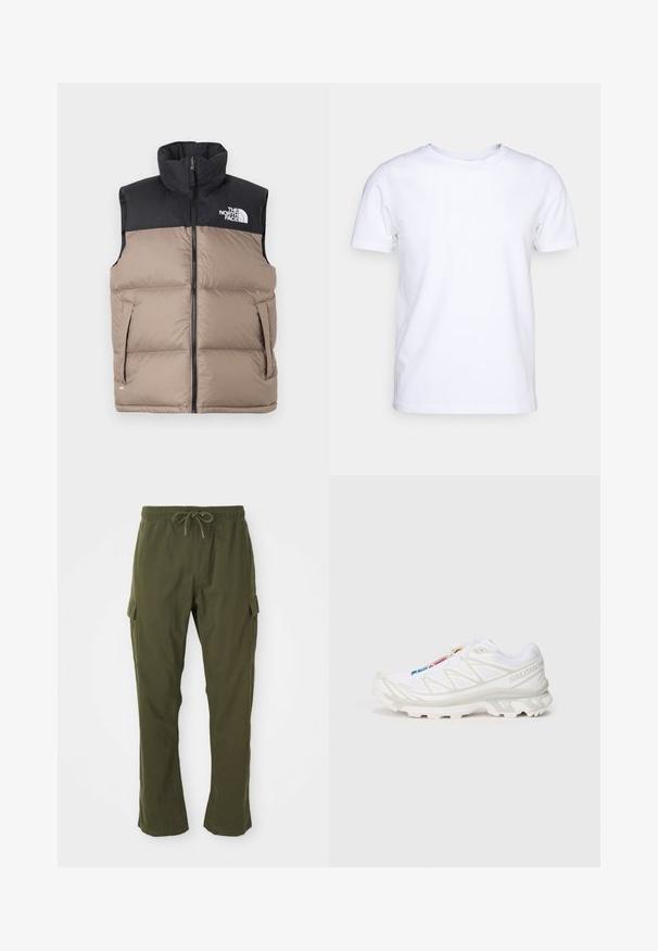 Gilet matelassé noir et beige avec col haut, fermeture éclair et poches latérales. Présente le logo The North Face sur le côté supérieur gauche.; T-shirt blanc à manches courtes en tissu de coton avec un col rond. Design simple sans motifs ni accents. Texture lisse.; Pantalons cargo vert olive avec une taille élastique, un cordon de serrage et des poches latérales. Le tissu semble doux avec une texture lisse.; Basket de sport blanche avec tige en mesh texturé, accents réfléchissants et semelle rembourrée. Logo de marque notable sur le côté.