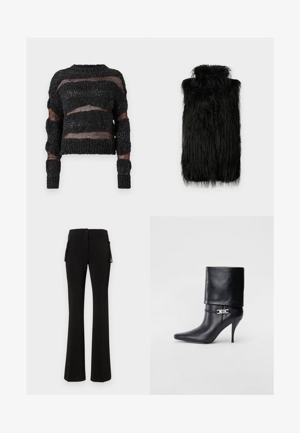 Črn umetni krzneni jopič z visokim ovratnikom in dolgim, razmršenim teksturo. Ravna kroja in brez vidnih zaponk. Preprost, sodoben dizajn.; Črni krojeni pulover z teksturiranim pletenjem, ki ima vodoravne odprte pletenine in kontrastne oranžne niti. Dolgi rokavi z rebrastimi manšetami.; Črn dolgi rokav majica iz lahkega, teksturiranega materiala z nabranimi detajli ob rokavih in stranskih šivih. Okrugel izrez.; Črne široke hlače iz gladkega, raztegljivega materiala. Imajo sprednje zapiranje na gumb in stranske žepe z zadrgo za dodatno uporabnost.; Črne usnjene gležnjarje z ostrim nosom, visokim stiletto peto, zavihanim robom in zlatim okrasnim zaponko na gležnju.