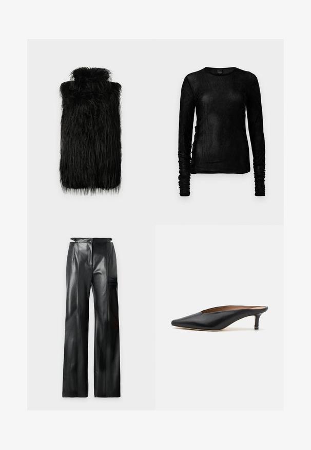 Zwarte nepbont gilet met een hoge kraag en een lange, shaggy textuur. Rechte snit en geen zichtbare sluitingen. Eenvoudig, modern ontwerp.; Zwarte langemouwen top in een lichtgewicht, gestructureerde stof met geplooide accenten langs de mouwen en zijnaad. Ronde hals.; Zwarte leren broek met een hoge taille, wijde pijpen, verticale naden en een gladde textuur. Voorzien van een ritssluiting en ceintuurlussen.; Zwarte leren muiltjes met een puntige neus en een lage, blokhak. Glad oppervlak met een gestroomlijnd ontwerp. Open achterkant met minimale details.