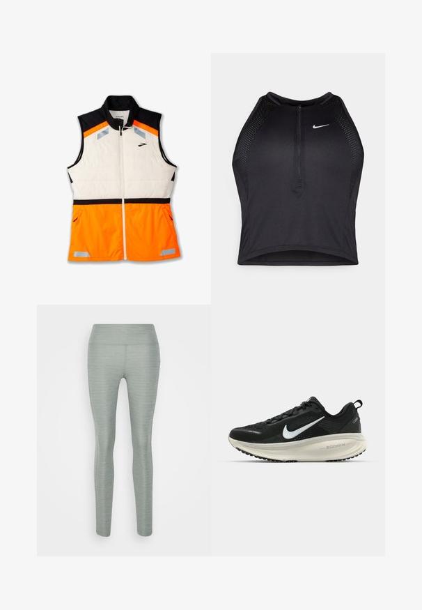 Lättviktsväst med en vit vadderad kropp, svart axelparti och livfullt orange nederdel. Reflekterande detaljer och fickor med dragkedja ingår.; Svart atletisk crop top med dragkedja framtill, nätdetaljer och en figurnära design. Tillverkad av elastiskt, andningsbart material. Nike-logga på framsidan.; Ljusgröna leggings gjorda av ett stretchigt tyg, med en slät yta, hög midja och en nära passform. Inga synliga mönster eller detaljer.; Svart Nike löparsko med andningsbart mesh-ovandel, vit swoosh-logotyp, texturerad detaljering och en krämfärgad ZoomX-mellansula.