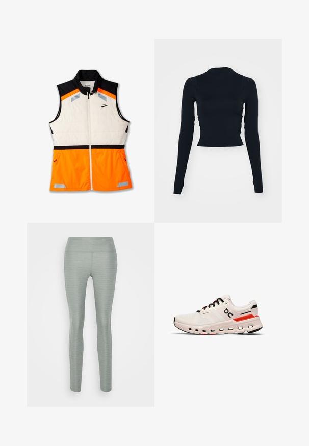 Gilet léger avec un corps rembourré blanc, une section d'épaule noire et une partie inférieure orange vif. Accents réfléchissants et poches zippées inclus.; Haut cropped noir à manches longues avec un col montant. Fabriqué à partir d'un matériau doux et ajusté, sans motifs ni accents visibles.; Leggings vert clair en tissu extensible, avec une texture lisse, une taille haute et un design ajusté. Pas de motifs ni d'accents visibles.; On CLOUDRUNNER 2 - Chaussures de running sur route - undyed sand