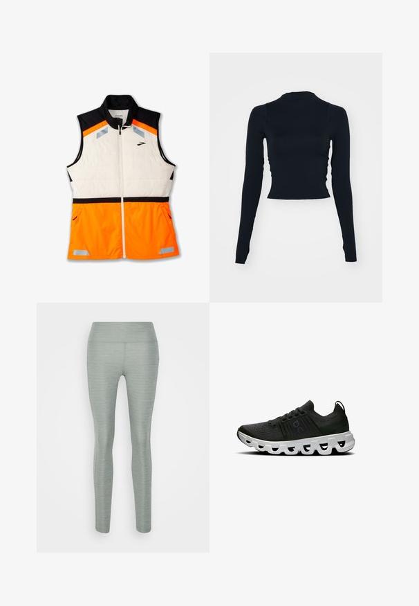 Ľahká vesta s bielou polstrovanou časťou tela, čiernou časťou na pleciach a živou oranžovou dolnou časťou. Obsahuje reflexné akcenty a zipsové vrecká.; Čierny, dlhý rukáv, skrátený top s vysokým výstrihom. Vyrobený z hladkého, priliehavého materiálu bez viditeľných vzorov alebo akcentov.; Svetlozelené legíny vyrobené z elastického materiálu, s hladkou textúrou, vysokým pásom a priliehavým strihom. Bez viditeľných vzorov alebo akcentov.; Športové topánky z čierneho sieťového materiálu s textúrovaným povrchom, vybavené hrubou bielou vlnitou podrážkou a čiernymi akcentmi. Obsahujú šnúrky a pätkový panel.