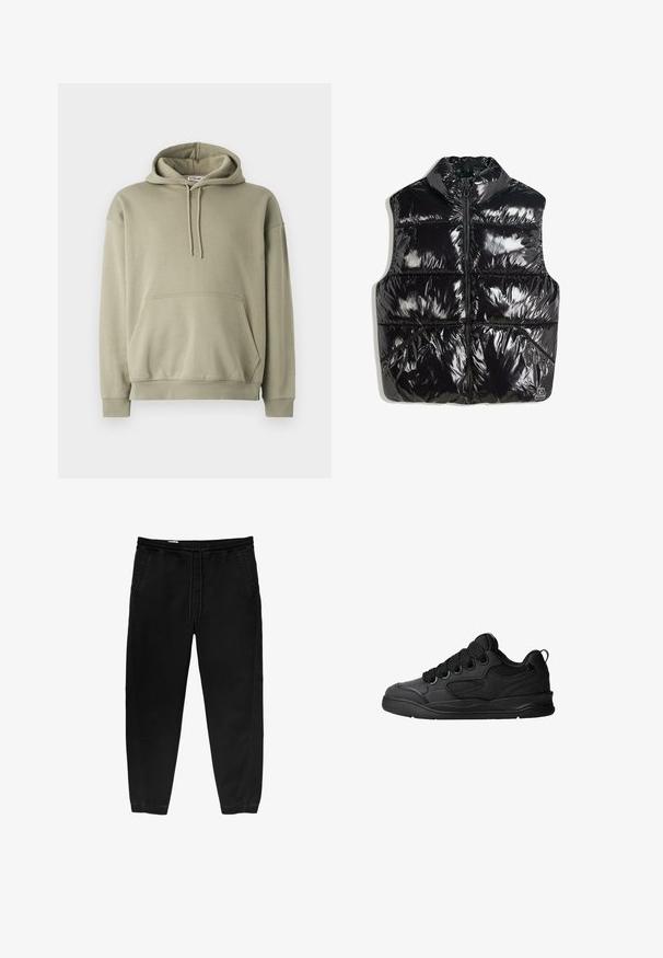 Schwarze Steppweste mit hohem Kragen, glänzender Oberfläche, durchgehendem Reißverschluss und gestepptem Design mit diagonalen Nahtakzenten.; Olivgrüne Kapuzenjacke aus weichem Baumwollgemisch, mit einer Fronttasche, Kordelzugkapuze sowie gerippten Bündchen und Saum. Einfaches, lockeres Design.; Schwarze Hose mit elastischem Bund und Kordelzug, tapered Beinen, Seitentaschen und subtilen seitlichen Stickdetails. Weicher Baumwollstoff.; Schwarze Sneaker mit strukturiertem Obermaterial, ausgestattet mit Schnürsenkeln, Mesh-Akzenten für Atmungsaktivität, gepolstertem Kragen und einer stabilen Laufsohle.