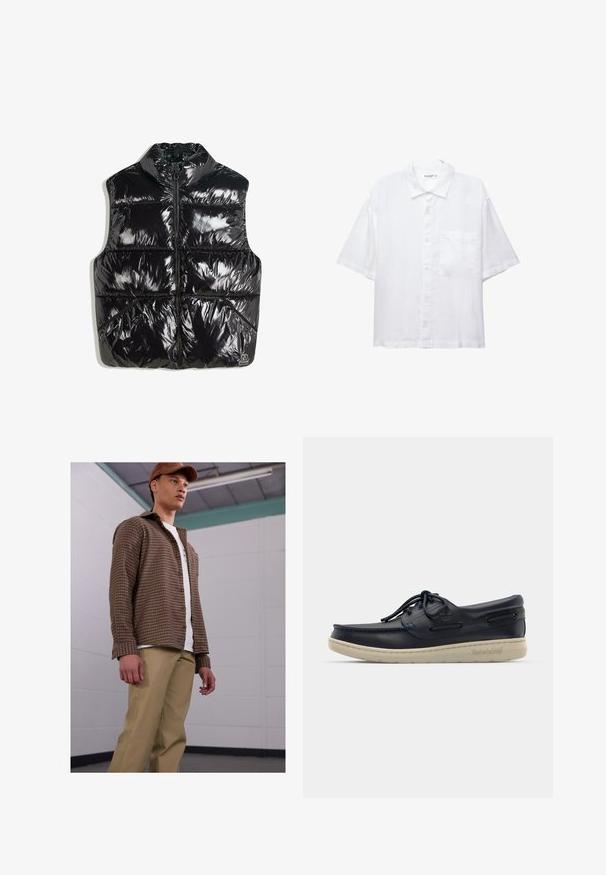 Gilet piumino nero con colletto alto, finitura lucida, chiusura frontale con zip e design trapuntato con dettagli a cucitura diagonale.; Camicia bianca a maniche corte con chiusura a bottoni, colletto e una singola tasca sul petto. Realizzata in tessuto leggero con una texture liscia.; Camicia a quadri marrone con maniche lunghe, abbinata a pantaloni beige, indossata sopra una t-shirt bianca. Il modello si trova in un ambiente interno semplice.; Scarpa da barca in pelle blu navy con profilo basso, suola in gomma bianca, lacci rotondi e cuciture decorative laterali; presenta occhielli in metallo e logo.