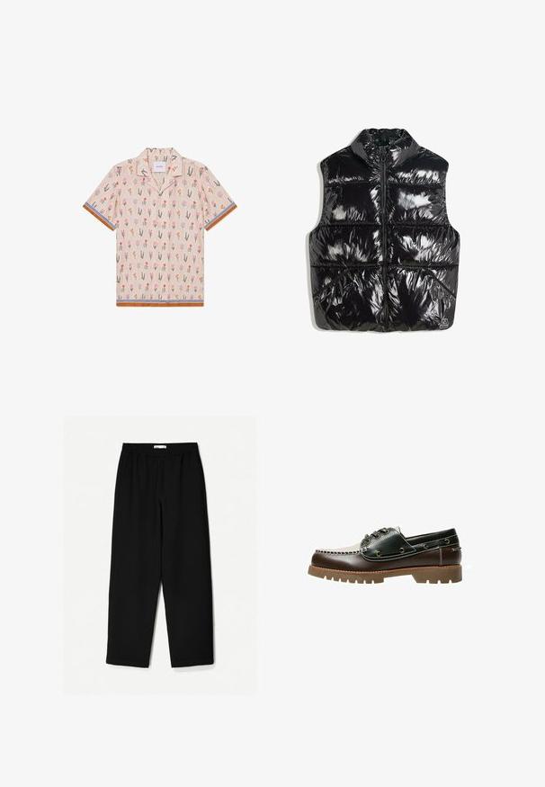 Czarna kamizelka puchowa z wysokim kołnierzem, błyszczącym wykończeniem, zamkiem błyskawicznym z przodu oraz pikowanym wzorem z ukośnymi szwami.; Koszula z krótkim rękawem w kolorze beżowym z kwiecistym wzorem, zawierająca różowe, pomarańczowe i zielone ilustracje. Udekorowana paskowymi, niebieskimi i brązowymi wykończeniami.; Czarne, szerokie spodnie wykonane z lekkiego materiału. Posiadają elastyczny pasek w talii oraz gładką teksturę. Brak widocznych wzorów czy elementów metalowych.; Brązowe i zielone skórzane buty żeglarskie z białą nićką, okrągłymi sznurowadłami i teksturowaną gumową podeszwą. Trwała konstrukcja z metalowymi oczkami.