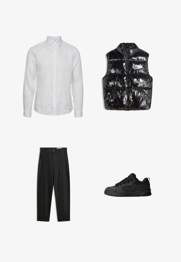 Zwarte puffervest met hoge kraag, glanzende afwerking, ritssluiting aan de voorkant en gepatineerd ontwerp met diagonale naadaccenten.; Witte linnen overhemd met lange mouwen, voorzien van een button-down kraag, sluiting met knopen aan de voorkant en een subtiele textuur. Geen zichtbare patronen of accenten.; Zwarte katoenen broeken met een losse pasvorm, voorzien van een klassieke tailleband, voorplooien en zijzakken. Gladde structuur zonder patronen.; Zwarte sneakers met een gestructureerde bovenkant, voorzien van veters, mesh-details voor ademend vermogen, een gevoerd kraagje en een stevige zool.