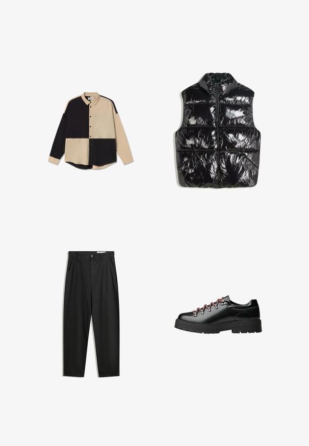 Schwarze Steppweste mit hohem Kragen, glänzender Oberfläche, durchgehendem Reißverschluss und gestepptem Design mit diagonalen Nahtakzenten.; Hemd mit Knopfleiste im Patchwork-Design, mit beigefarbenen und schwarzen Abschnitten, langen Ärmeln und einem spitzen Kragen. Glatte Textur mit Knöpfen.; Schwarze Baumwollhose mit lockerem Schnitt, ausgestattet mit einem klassischen Bund, vorderen Falten und Seiten taschen. Glatte Textur ohne Muster.; Schwarzer Lederschnürschuh für Wanderungen mit roten und weißen Schnürsenkeln, großen Ösen und einer groben, profilierten Sohle für Grip und Stabilität.