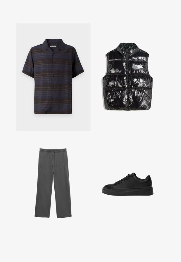 Czarna kamizelka puchowa z wysokim kołnierzem, błyszczącym wykończeniem, zamkiem błyskawicznym z przodu oraz pikowanym wzorem z ukośnymi szwami.; Koszula z krótkim rękawem w ciemnoniebieskim i brązowym kolorze, z pionowymi paskami, zapięcie na guziki z przodu, spiczasty kołnierzyk i gładka tekstura materiału.; Ciemnoszare spodnie dresowe o szerokich nogawkach, z elastycznym paskiem, sznurkiem i dwoma bocznymi kieszeniami, wyeksponowane na białym tle.; Czarny trampki wykonane z gładkiej skóry, z okrągłym noskiem, grubą platformą i tradycyjnym sznurowaniem z sześcioma oczkami.