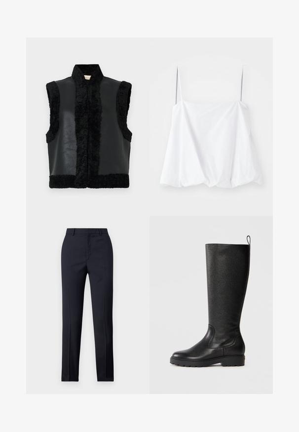 Black vest featuring a combination of leather and fuzzy texture, with a high collar and no sleeves, highlighting a contrasting front panel.; White sleeveless top with thin straps, made from lightweight fabric. Featuring a loose design and gathered texture at the hem.; Navy tailored trousers with a straight cut, featuring a smooth texture, two front pockets, and a clean waistband.; Black knee-high boots made of textured leather, featuring a rounded toe, sturdy rubber sole with traction, and a pull tab at the top.