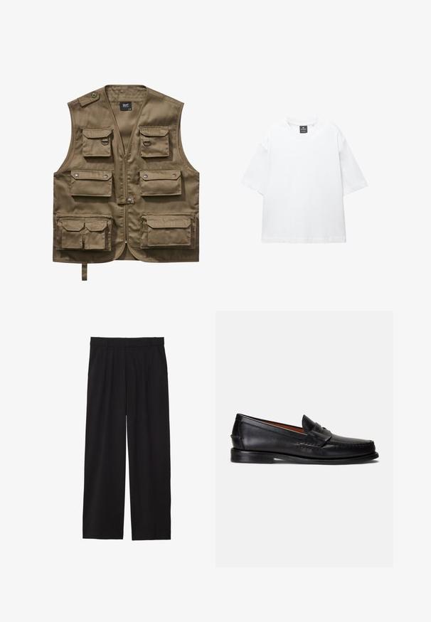 Vesta utilitară de culoare khaki, realizată dintr-un material durabil, cu multiple buzunare frontale cu clapete, închidere cu fermoar și curea de gât ajustabilă.; Tricou alb cu mânecă scurtă, confecționat din bumbac, având un decolteu rotund și o croială lejeră cu tiv drept. Fără modele sau broderii.; Pantaloni negri largi, cu un front plisat, buzunare laterale și o textură de țesătură netedă. Concepuți pentru o croială relaxată.; Mocasini negri din piele cu finisaj neted, vârf rotund și o bandă decorativă peste partea superioară. Prezintă o talpă joasă neagră.