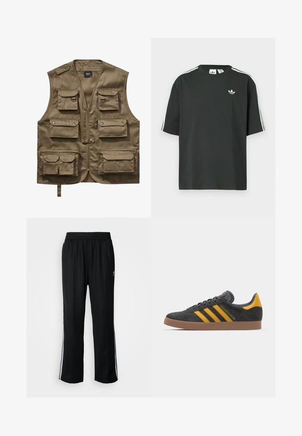 Khaki utilitarni brezrokavnik, izdelan iz trpežne tkanine, z več sprednjimi žepi s pokrovčki, zadrgo in nastavljivim ovratnikom.; Črna bombažna majica s kratkimi rokavi, okroglim vratom in belo trikratno črtasto okrasitvijo na ramenih. Na prsih majhen beli logotip.; Črne atletske hlače z elastičnim pasom, ki imajo bele stranske črte in majhen logo. Material izgleda mehak in lahek.; Črne semiš tene z rumenimi akcenti, ki vsebujejo tri trakove in rjavo gumo podplat. Vključujejo oblazinjeno jezik za udobje.