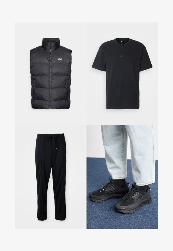 Schwarze Pufferweste mit hohem Kragen, Frontreißverschluss und zwei seitlichen Taschen. Merkmale ein horizontales Steppmuster und ein weißes Logo auf der Brust.; Schwarzes Baumwoll-T-Shirt von Nike mit klassischem Rundhalsausschnitt, kurzen Ärmeln und einem dezenten, geprägten Logo auf der Brust. Glatte Textur.; Schwarze lässige Hosen mit Kordelzug und seitlichen Eingrifftaschen sowie geradem Bein auf einem einfarbigen Hintergrund.; Schwarze Sportschuhe aus strukturiertem Stoff mit Gummisohlen, ausgestattet mit elastischen Schnürsenkeln und einem blauen Akzent an der Ferse. Getragen mit hellen Jeans.
