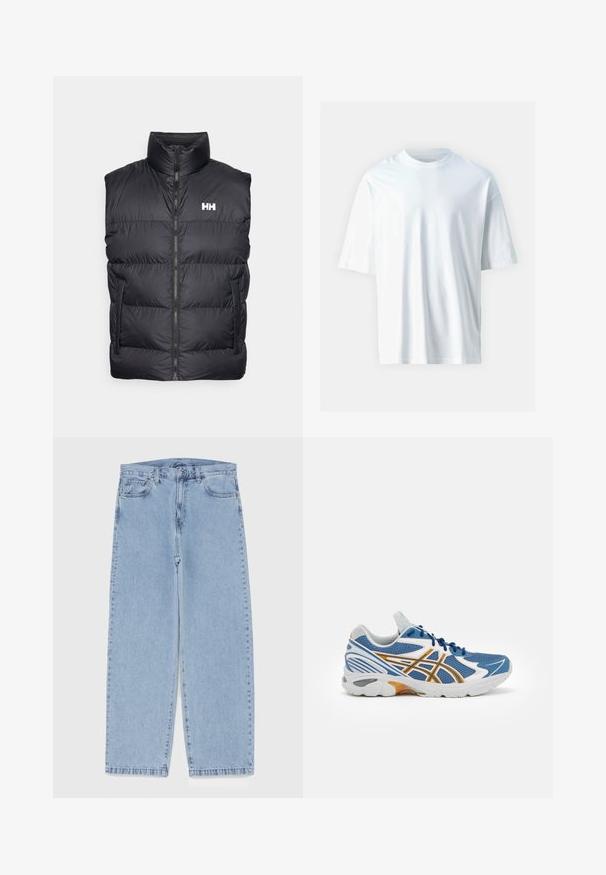 Juodas pūkų liemenė su aukštu apykakle, priekiniai užtrauktukai ir dvi šoninės kišenės. Yra horizontaliu siuvinėjimu ir baltu logotipu ant krūtinės.; Balta trumpo rankovio marškinėliai, pagaminti iš minkštos medvilnės. Su apvaliu iškirpimu, laisvu siluetu ir glotnia tekstūra. Nėra matomų raštų ar akcentų.; Šviesiai mėlyni džinsai su tiesiomis kojomis, turintys vidutinio aukščio juosmenį, penkias kišenes ir mygtuko bei užtrauktuko uždarymą.; Mėlyni sportiniai batai su tinklelio viršumi, baltais ir oranžiniais akcentais, paminkštintu vidpadžiu ir tekstūruotu guminio pado apvadu. Yra raištelių uždarymas.