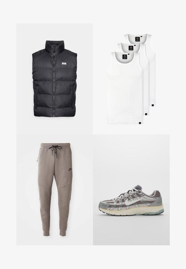 Črn puhasti brezrokavnik z visokim ovratnikom, sprednjim zadrgo in dvema stranskima žepoma. Ima vodoravno prešito zasnovo in belo logo na prsih.; Tri bele rebraste majice brez rokavov iz bombaža. Imajo okroglo izreza in majhne črne etikete blizu roba. Na voljo v več velikostih.; Sive Nike trenirke z vrvico v pasu, pripete noge, stranske žepke in izrazitim šivom. Mehka, teksturirana tkanina.; Sive športne čevlje z zgornjim delom iz mrežastega in semiš materiala, belimi akcenti, oblazinjenim podplatom ter edinstvenim dizajnom z odsevnimi elementi.