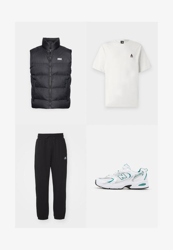 Black puffer vest with a high collar, front zipper, and two side pockets. Features a horizontal quilted design and white logo on the chest.; White cotton t-shirt featuring a small, embroidered graphic of a bottle on the left chest. Classic round neck and short sleeves.; Black sweatpants made of soft fabric, featuring an elastic waistband with drawstring, cuffed ankles, and a small logo on the upper thigh.; White athletic shoe with mesh and synthetic panels, turquoise accents, rounded toe, lace-up front, and black rubber sole.