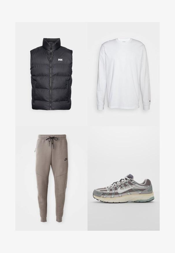 Zwarte puffer vest met een hoge kraag, een rits aan de voorkant en twee zakken aan de zijkant. Kenmerkt zich door een horizontaal gestikte design en een wit logo op de borst.; Witte lange mouwen T-shirt van katoen. Ronde hals ontwerp met ribgebreide manchetten en een klein logo op de linkermouw. Gladde textuur.; Grijze Nike-sweatpants met een verstelbare tailleband, taps toelopende benen, zijzakken en opvallende naaddetails. Zachte, gestructureerde stof.; Grijze sportieve schoen met een bovenwerk van mesh en suede, witte accenten, een gevoerde zool en een onderscheidend ontwerp met reflecterende elementen.