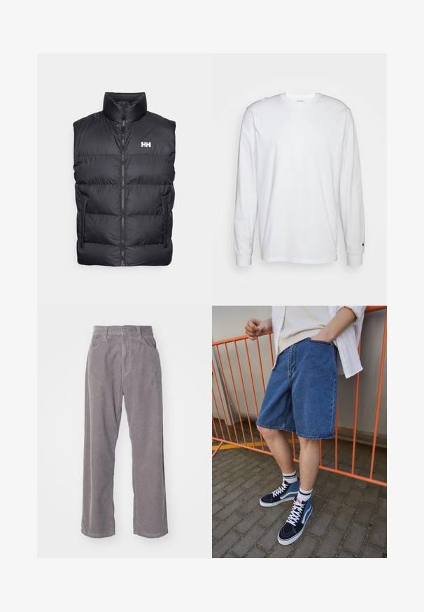 Black puffer vest with a high collar, front zipper, and two side pockets. Features a horizontal quilted design and white logo on the chest.; White long-sleeved T-shirt made of cotton. Crew neck design with ribbed cuffs and a small logo on the left sleeve. Smooth texture.; Gray corduroy pants with a wide-leg design, featuring vertical ribbing, a button closure, and two front pockets.; Denim shorts in blue, knee-length with a front pocket. Paired with navy and blue high-top sneakers, featuring white laces and striped socks.