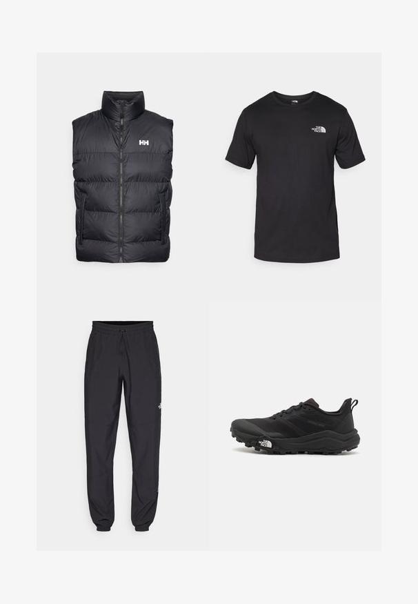 Črn puhasti brezrokavnik z visokim ovratnikom, sprednjim zadrgo in dvema stranskima žepoma. Ima vodoravno prešito zasnovo in belo logo na prsih.; Črna kratko sleeved majica iz bombaža, s krožnim izrezom in majhnim belim logotipom na zgornjem levem delu prsnega koša.; Črne atletske hlače iz lahkega materiala, ki imajo elastični pas z vezalko, stranske žepe in zožene manšete na gležnjih.; Črne tekaške čevlje za trail s teksturirano zgornjega dela, gumijastim podplatom in ojačanim zaključkom prstov. Vključuje oblazinjen ovratnik in zanko za enostavno obuvanje.