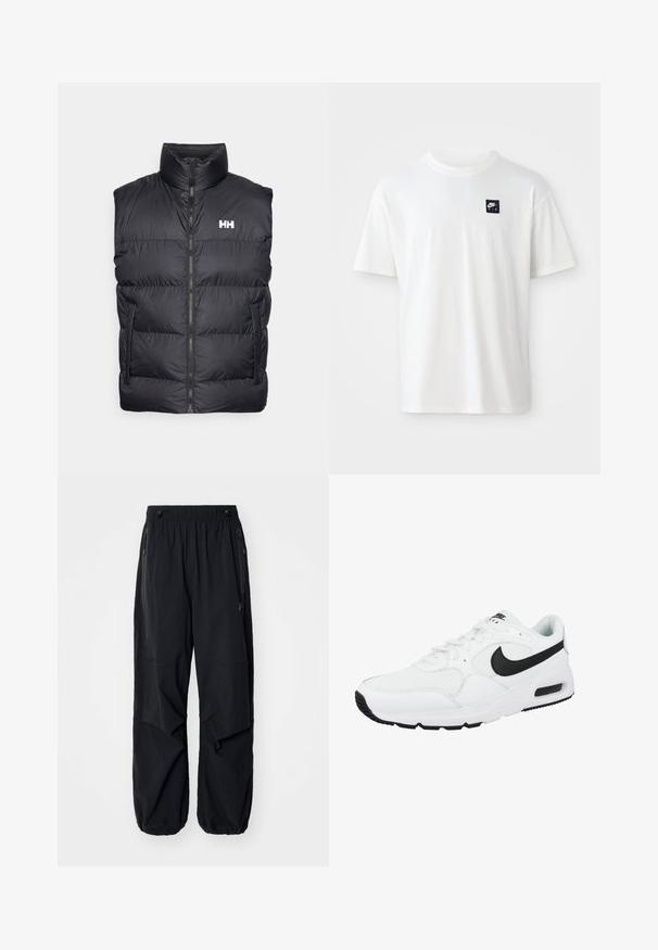 Zwarte puffer vest met een hoge kraag, een rits aan de voorkant en twee zakken aan de zijkant. Kenmerkt zich door een horizontaal gestikte design en een wit logo op de borst.; Witte katoenen t-shirt met korte mouwen en een ronde hals; heeft een klein zwart rechthoekig Nike Air logo op de linkerkant van de borst.; Zwarte lichtgewicht cargobroek met een elastische tailleband, zijritsen en ruime zakken. Heeft een losse pasvorm en taps toelopende boorden.; Witte sportieve schoen met zwarte Nike swoosh, bovenwerk van mesh en leer, ronde neus, vetersluiting, gevoerd boord en rubberen zool met zichtbare luchtunit.