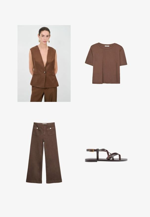 Ruskea hihaton bleiseri, jossa on syvä V-kaula-aukko, yksittäinen nappikiinnitys ja kaksi etutaskua. Sileä pinta, istuva muotoilu.; Kahvinsävyinen lyhythihainen t-paita, joka on valmistettu pehmeästä kankaasta. Pyöreä pääntie ja rento malli. Ei näkyviä kuvioita tai koristeita.; Ruske leve bukser i bomuld med to forlommer med sølvknapper og en glat overflade.; Ruske kožne sandale s križnim trakama, zatvaranjem na kopču oko gležnja i ravnim potplatom s minimalnim detaljima šivanja.