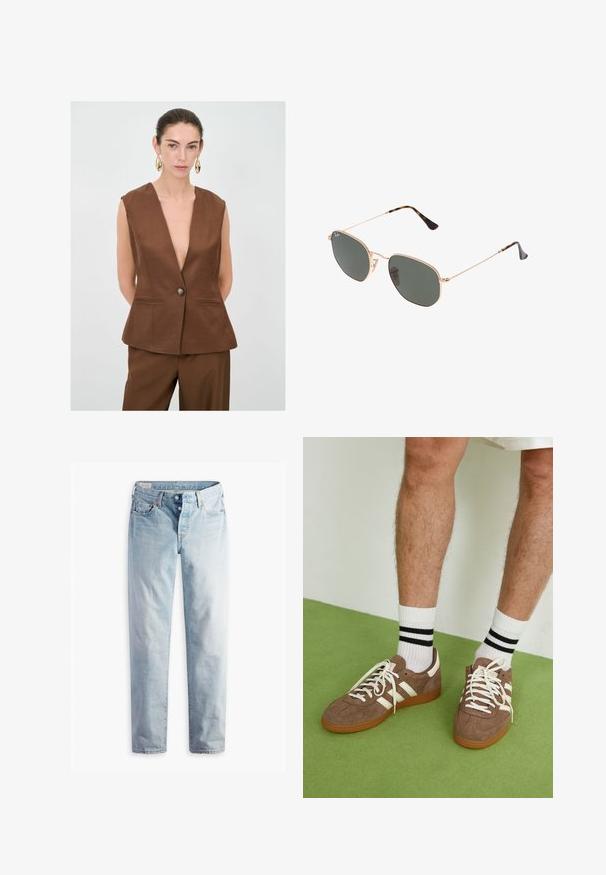 Hnědý bezrukávový blejzr s hlubokým výstřihem do V, jedním knoflíkovým zapínáním a dvěma předními kapsami. Hladká textura, přiléhavý střih.; Bílý dlouhý rukávový top s širokým výstřihem, bočními rozparky a hladkým, lehkým materiálem, který má jednoduchý, minimalistický design.; Světle modré denimové džíny s rovnými nohavicemi, dvě přední kapsy a dvě zadní kapsy. Obsahují dvouknoflíkový zip a jemné prošívání.; Hnědé semišové tenisky s bílými akcenty a tkaničkami. Gumová podrážka. Nošeny s bílými ponožkami s černými pruhy. Zelená strukturovaná podlaha.; Sluneční brýle s kovovým zlatým rámem a tmavě zelenými skly, styl aviatorek, s úzkými obroučkami a želvovinovými akcenty na špičkách.; Tory Burch RADZIWILL COLOR-BLOCK PEBBLED PETITE DOUBLE BAG - Kabelka - wild mushroom