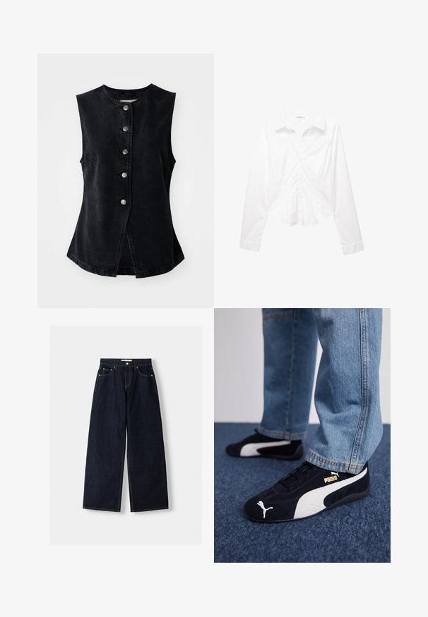 Free People AIMEE VEST - Väst - black; Vit långärmad kvinnors figursydd skjorta med krage, med subtil sömdetaljering och lätt kurvad nederkant.; Mörkblå denim med vida ben och hög midja, fem fickor, kontrastsömmar och silverfärgad metalldetaljer. Slät textur och ren finish.; Svarta mockaskor med vita detaljer, med en gyllene logotyp. Bärs med ljusblå denimjeans och placerade på en texturerad blå yta.