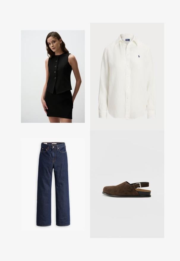 Zwarte mouwloze top met een aansluitend design, voorzien van een hoge kraag en zes knopen aan de voorkant. Gladde textuur en korte zoomafwerking.; Witte linnen blouse met lange mouwen, knoopsluiting en knopen aan de voorkant. Heeft een klein blauw geborduurd logo op de borst.; Donkerblauwe rechte spijkerbroek met vijf zakken, oranje stiksels en een knopen sluiting.; Bruin suède instapper met een lage hak, een verstelbare band met een zilveren gesp en een zwarte rubberen zool.