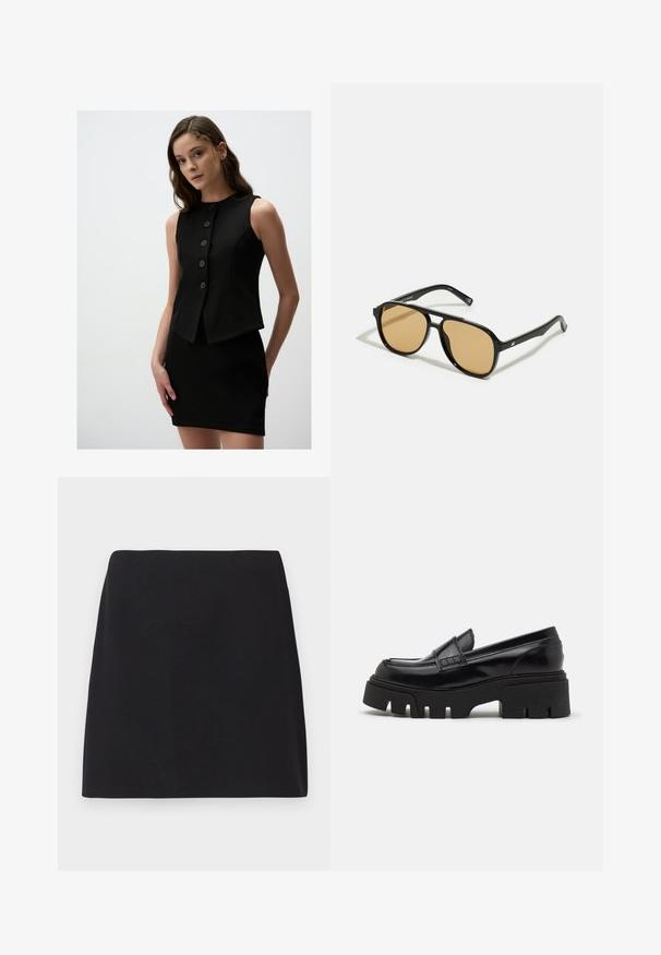 Schwarzes, ärmelloses Oberteil mit tailliertem Design, hochgeschlossen und mit sechs vorderen Knöpfen. Glatte Textur und kurzer Saumabschluss.; Schwarzes Langarmshirt aus geripptem Stoff. Es hat einen runden Ausschnitt und eine figurnahe Passform ohne sichtbare Muster oder Akzente.; Schwarzer Minirock, gerader Schnitt, glatte Stofftextur, keine sichtbaren Muster oder Verzierungen, saubere Kanten, keine Hardware. Einfaches Design.; Schwarze Lederloafer mit einer massiven, strukturierten Plateausohle und einem dekorativen Riemen über dem Obermaterial. Glatte, glänzende Oberfläche.; Schwarze Sonnenbrille mit braun getönten Gläsern; rechteckige Form mit einem dicken Rahmen, einschließlich subtiler Hardware-Akzente an den Bügeln.; Braune geflochtene Clutch mit strukturierter Oberfläache, goldfarbener Hardware und dekorativen Nieten entlang der Kanten. Besitzt einen Kettenriemen.