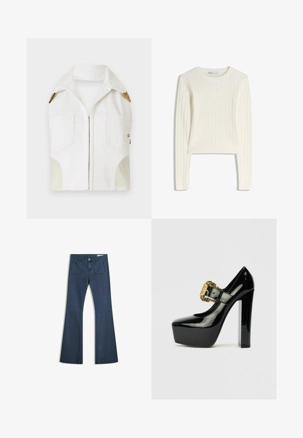 Bijela bezrukavna jakna s oštrim ovratnikom, zlatnim detaljima, dva prednja džepa i kontrastnim bež panelima sa strane.; Bijeli džemper s pletenim uzorkom, dugim rukavima, okruglim izrezom i rebrastom teksturom. Skratjeni kroj dodaje moderan izgled.; Tamno plavi traperice s izrezanim nogavicama, šivanim džepovima, kopčanjem na dugme i glatkom teksturom. Imaju klasičan dizajn s pet džepova.; Crne lakirane platforme s debelim visokim potpeticama. Sadrže zlatnu dekorativnu kopču i dizajn zaobljenih prstiju.