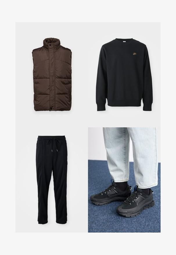 Gilet imbottito marrone senza maniche con collo alto, caratterizzato da un'esterno liscio, design trapuntato e due tasche laterali.; Felpa nera realizzata in tessuto morbido, con collo rotondo, maniche lunghe e un piccolo logo dorato Nike sul petto.; Pantaloni casual neri con elastico in vita, tasche laterali e taglio dritto su uno sfondo uniforme.; Scarpe sportive nere con tessuto testurizzato e suole in gomma, dotate di lacci elastici e un accento blu sul tallone. Indossate con pantaloni in denim chiaro.