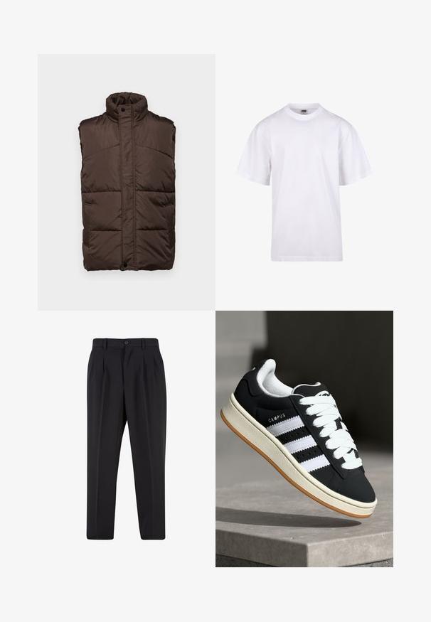 Barna, ujjatlan, párnázott mellény magas gallérral, sima külsejű, steppelt kivitelű, és két oldalsó zsebbel.; Fehér pamut póló kerek nyakkivágással, rövid ujjal és laza szabással. Egyszerű dizájnnal rendelkezik, minták vagy díszek nélkül.; Fekete nadrág, pliszézett elejű dizájnnal, sima anyagból készült. Gombos záródás és övhurkok jellemzik; egyenes szabású.; Fekete sportcipő fehér csíkokkal, fűzős kialakítással, texturált felsőrésszel és gumitalppal. Az oldalán "CAMPUS" logó található, és barna gumitalpa van.