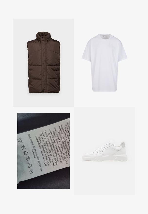 Barna, ujjatlan, párnázott mellény magas gallérral, sima külsejű, steppelt kivitelű, és két oldalsó zsebbel.; Fehér pamut póló rövid ujjal, kerek nyakú, laza szabású, és nincsenek látható logók vagy minták. Simább textúra és minimalista dizájn.; Címke többnyelvű szöveggel, ápolási szimbólumokkal és újrahasznosítási ikonokkal, puha szövethez hasonló anyagra nyomtatva, világos színben.; Fehér bőr sportcipő sima felülettel, kerek orral, lapos fűzőkkel és textúrált talppal. Szürke velúr díszítés a saroknál.