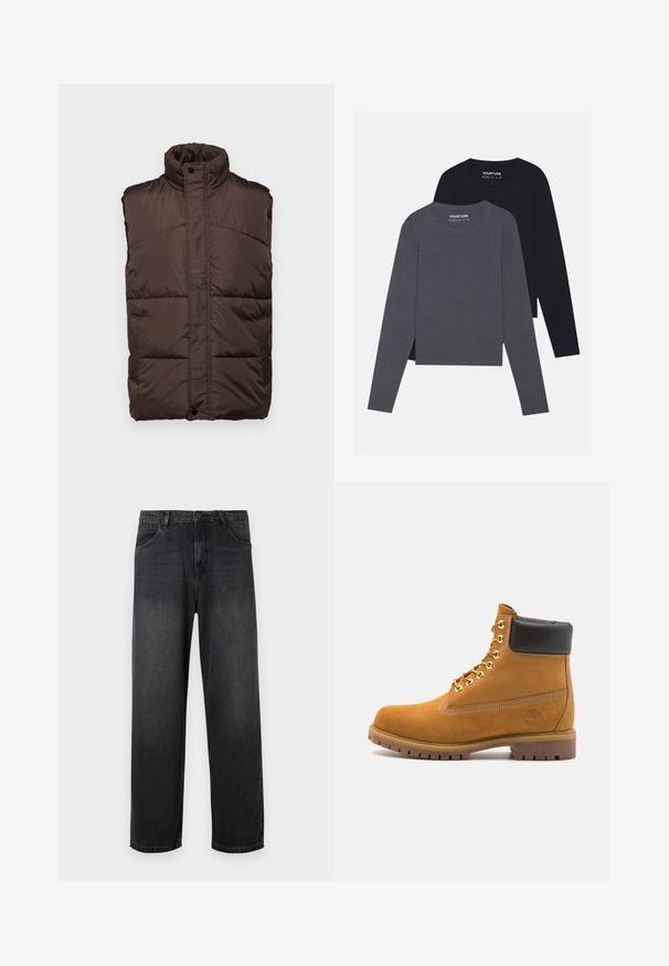 Braune, ärmellose gepolsterte Weste mit hohem Kragen, die eine glatte Außenseite, ein gestepptes Design und zwei Seitentaschen aufweist.; YOURTURN 2 PACK UNISEX - Langarmshirt - dark grey/black; Dunkelgraue Denim-Jeans mit geradem Bein, ausgestattet mit einem Reißverschluss, fünf Taschen und subtilen Verblassungen auf dem Stoff.; Beige Wildleder-Ankle-Boot mit schwarzem gepolstertem Kragen, goldenen Metallösen, weißen Nähdetalben und einer robusten Gummisohle mit ausgeprägtem Profil.