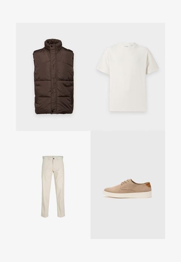 Vesta fără mâneci, căptușită, de culoare maro, cu guler înalt, având un exterior neted, design matlasat și două buzunare laterale.; Tricou alb cu maneci scurte, dintr-un material ribbed. Guler rotund, croi lejer, fără modele sau accente vizibile. Design simplu și versatil.; Pantaloni din bumbac bej cu o croială dreaptă, buzunar cu nasture, buzunare frontale și cusături. Textură netedă, detalii minime și fără modele.; Tenisi din suede bej cu vârf rotund, sistem de șireturi în față și un accent texturat în spate. Talpa albă din cauciuc oferă un contrast. Design simplu și modern.