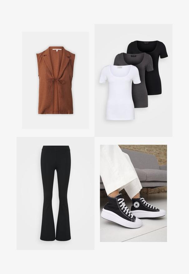 Bruine mouwloze blouse met een kraaghalslijn, sluiting met voorste strik en een getextureerde linnen stof. Eenvoudig en aansluitend ontwerp.; Drie getailleerde T-shirts in het wit, grijs en zwart. Elk met een brede ronde hals en korte mouwen. Gemaakt van gladde, rekbare stof.; Zwarte uitlopende broek van rekbaar materiaal, met een hoge tailleband en een gladde textuur. De broek loopt uit vanaf de knie.; Zwarte canvas hoge sneakers met witte rubberen zolen en veters. Voorzien van een cirkelvormig logo aan de zijkant en contrasterende witte stiksels.