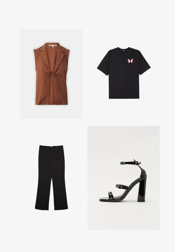 Braune ärmellose Bluse mit kragenförmigem Ausschnitt, vorderer Schleifenverschlus und einem strukturierten Leinenstoff. Einfaches und tailliertes Design.; Schwarzes Baumwoll-T-Shirt mit kurzen Ärmeln, das ein kleines pinkes Schmetterlingsmotiv auf der linken Brust zeigt. Crewneck-Design mit einem entspannten Schnitt.; Schwarze Hose mit geradem Schnitt, ausgestattet mit Fronttaschen und Seitenschlitzen am Saum. Hergestellt aus weichem, glattem Stoff. Geeignet für verschiedene Anlässe.; Schwarze patentierte Sandalen mit Absatz, quadratischer Spitze, Knöchelriemen und silbernen Schnallen. Mit einem stabilen Blockabsatz für mehr Stabilität.