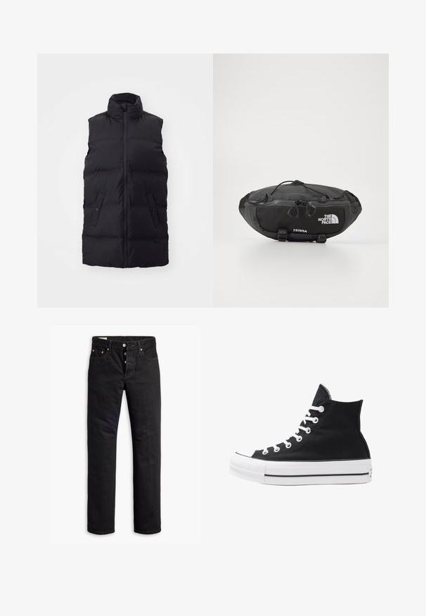 Black sleeveless puffer vest with a high collar, zip front, two buttoned pockets, and a quilted texture throughout.; Black long-sleeve top made of sheer material, featuring a round neckline and a slim fit, with finely edged hems.; Black denim jeans with a straight cut, five-pocket design, and a button-fly closure. Features copper rivets and stitching accents.; High-top black canvas sneaker with white eyelets, laces, and rubber sole. Features a textured toe cap and black and white stripe accents.; The North Face TERRA LUMBAR 3L UNISEX - Bum bag - asphalt grey/black