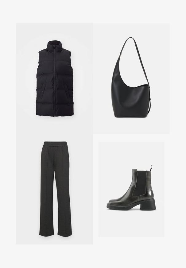 Črn brezrokavnik z visokim ovratnikom, zadrgo spredaj, dvema žepoma s gumbi in prešito teksturo po celotni površini.; Bela bombažna majica s kratkimi rokavi in krožnim izrezom. Zasnovana je z udobnim in prostornim krojem, ki omogoča vsestransko nošenje.; Črne hlače ravnega kroja z elastiko v pasu, sprednjimi gubami, mehkimi tkaninami in brez vidnih vzorcev ali kovinskih detajlov.; Črne usnjene gležnjarje z gladko površino, elastičnimi stranskimi paneli in masivnim petami. Imajo praktično zanko za lažje obuvanje.; Črna usnjena hobo torba z gladko teksturo, ukrivljeno obliko in eno nastavljivo naramnico; ima širok odprtina na vrhu.