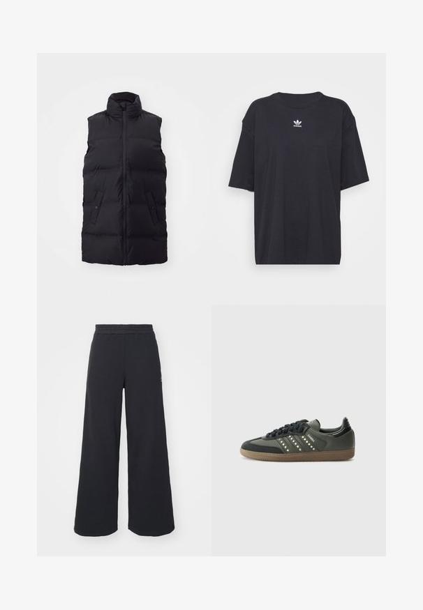 Black sleeveless puffer vest with a high collar, zip front, two buttoned pockets, and a quilted texture throughout.; Black cotton t-shirt with short sleeves, round neckline, features a white Adidas logo on the chest. Simple design, relaxed fit.; Black wide-leg sweatpants made from soft fabric, featuring an elastic waistband and a small logo on the left side.; adidas Originals SAMBA OG - Trainers - core black/legend earth/gum