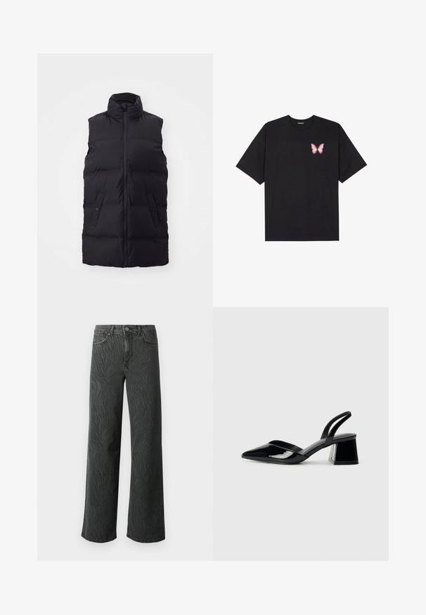 Czarna bezrękawnikowa kamizelka puchowa z wysokim kołnierzem, zapinana na zamek, posiadająca dwie zapinane na guziki kieszenie oraz pikowaną fakturę.; Czarny bawełniany t-shirt z krótkim rękawem, z małym różowym motylkiem na lewej piersi. Klasyczny dekolt z luźnym fasonem.; Jeans o szerokich nogawkach w ciemnoszarym denimu, z subtelną fakturą w zebry, kontrastowym przeszyciem i pięci Pocket designem z zapinaniem na guzik.; Czarne lakierowane półbuty na obcasie z wydłużonym noskiem i geometrycznym słupkiem. Charakteryzują się eleganckim, minimalistycznym designem oraz gładką fakturą.