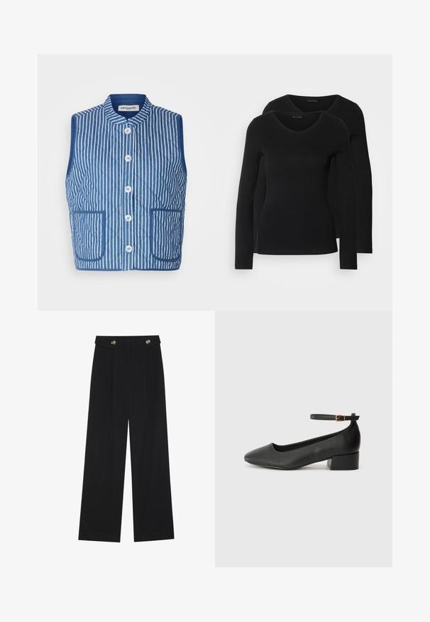 Zila dūnu veste ar baltām vertikālām joslām, mandarin apkakli, priekšējiem pogām un diviem kabatām. Mīksta auduma faktūra.; Divi melni krekli ar garām piedurknēm un V-veida kakla izgriezumu, izgatavoti no mīksta, elastīga auduma, ar gludu tekstūru un pieguļošu formas.; Melnas platās bikses ar augstu jostasvietu, pogu detaļām uz jostas un priekšējām krokām.; Melnas ādas sūkņi ar smailu purngalu un zemu bloku papēdi. Iezīmēts ar potītes siksniņu ar zelta krāsas sprādzi. Gluda tekstūra.