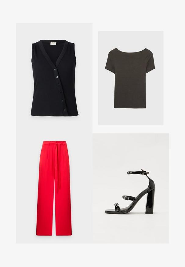 Schwarzes ärmelloses Oberteil mit geripptem Muster, V-Ausschnitt und einer Reihe von fünf Knöpfen vorne zur Verschluss.; Dunkelgraues Kurzarmoberteil mit Bootsausschnitt. Hergestellt aus geripptem Stoff, mit lockerer Passform und sauberem Saum. Einfaches Design, ohne Muster.; Rote, weit geschnittene Hosen mit strukturiertem Finish und einem taillierten Bund. Mit einem passenden Gürtel, der vorne gebunden ist, für verstellbaren Sitz.; Schwarze patentierte Sandalen mit Absatz, quadratischer Spitze, Knöchelriemen und silbernen Schnallen. Mit einem stabilen Blockabsatz für mehr Stabilität.