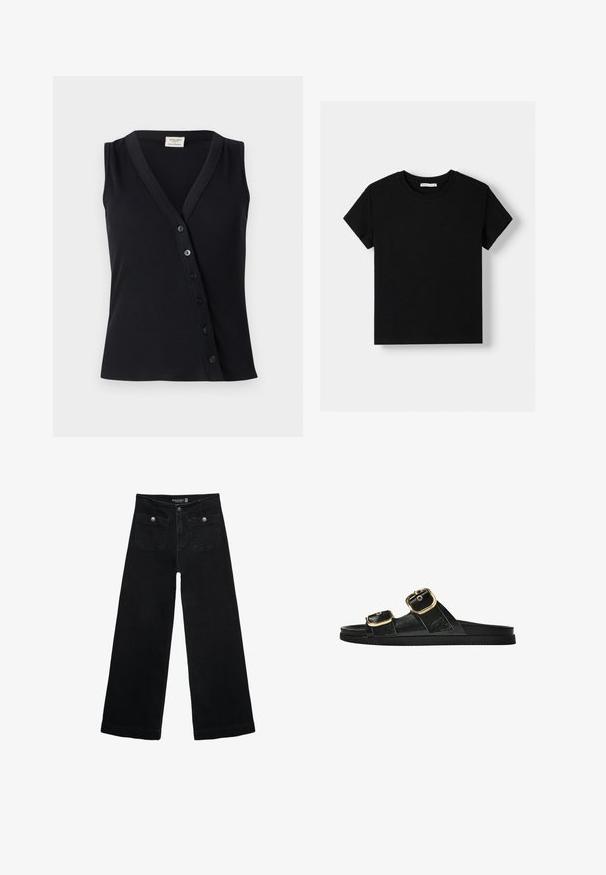 Černý top bez rukávů s ribkovou strukturou, véčkovým výstřihem a řadou pěti knoflíků na přední straně pro zapínání.; Černé bavlněné tričko s krátkým rukávem, kulatým výstřihem a volným střihem. Jednoduchý design bez vzorů nebo ozdob.; Černé široké džíny s vysokým pasem, obsahující dvě přední kapsy a kovové knoflíkové detaily. Látka má hladkou texturu.; Černé kluzné sandály s dvěma zlatými sponami, hladkým texturovaným materiálem, plochou podrážkou a minimalistickým designem.