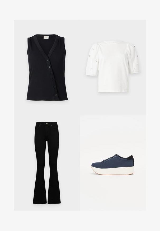 Fekete ujjatlan felső bordázott textúrával, V-alakú nyakkivágással és öt gombból álló sort tartalmaz az elején a zárás érdekében.; Fehér pamut póló rövid puffos ujjakkal, a ujjain kicsi ezüst díszítések találhatók. Klasszikus kerek nyakú, laza fazonú.; Fekete, magas derekú farmernadrág gomb- és cipzárzárral, elülső zsebekkel és harangszárral, laposan egy fehér háttérre terítve.; Sötétkék sportcipő, texturált szövet felsőrész, fehér platform talp, lekerekített orr és fekete sarok akcentussal. Hat fűzőlyuk található rajta.