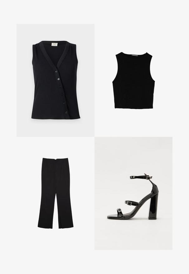 Schwarzes ärmelloses Oberteil mit geripptem Muster, V-Ausschnitt und einer Reihe von fünf Knöpfen vorne zur Verschluss.; Schwarzes ärmelloses Crop-Top aus glattem Stoff, mit rundem Ausschnitt und einem klaren, schlichten Design ohne Muster oder Beschläge.; Schwarze Hose mit geradem Schnitt, ausgestattet mit Fronttaschen und Seitenschlitzen am Saum. Hergestellt aus weichem, glattem Stoff. Geeignet für verschiedene Anlässe.; Schwarze patentierte Sandalen mit Absatz, quadratischer Spitze, Knöchelriemen und silbernen Schnallen. Mit einem stabilen Blockabsatz für mehr Stabilität.